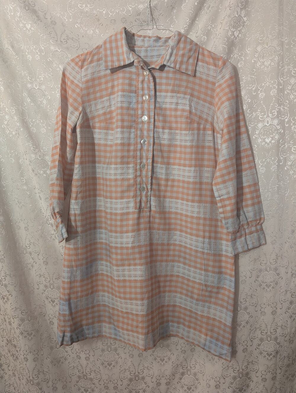 Vintage 70s Gingham Dagger Collar Shift Dress Peach Pastel Blue Plaid